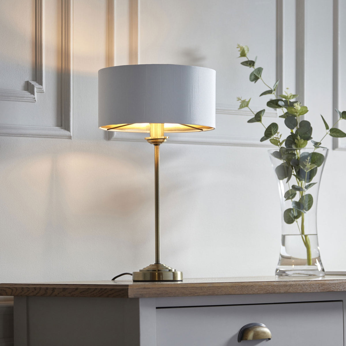 Highclere Single Table Lamp in Antique Brass with Vintage White Shade