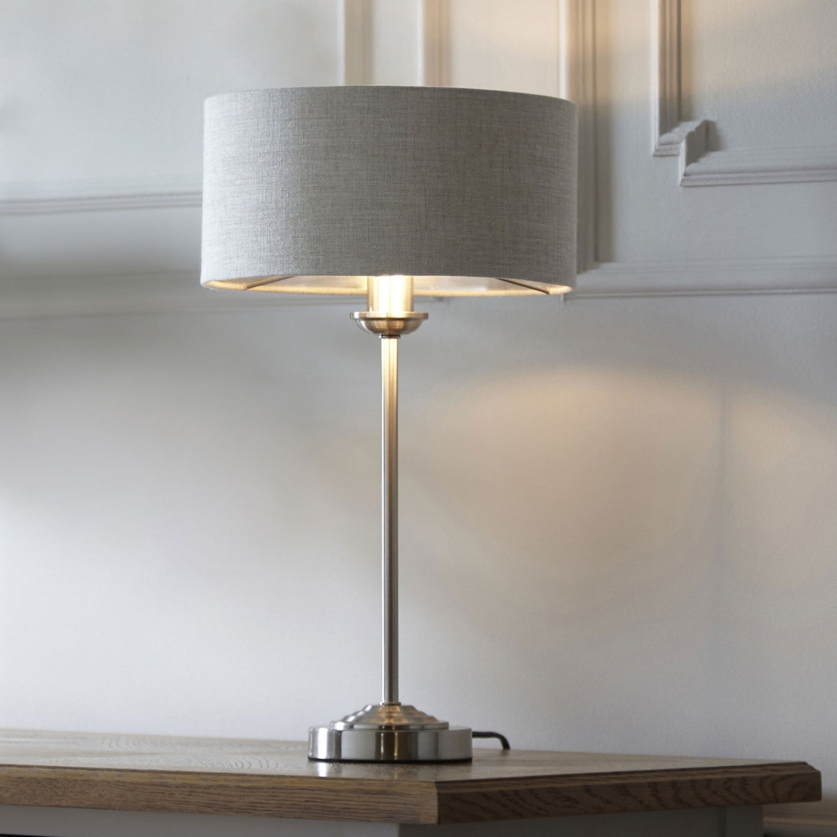 Highclere Single Table Lamp in Brushed Chrome with Natural Linen Shade