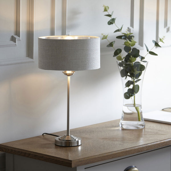 Highclere Single Table Lamp in Brushed Chrome with Natural Linen Shade