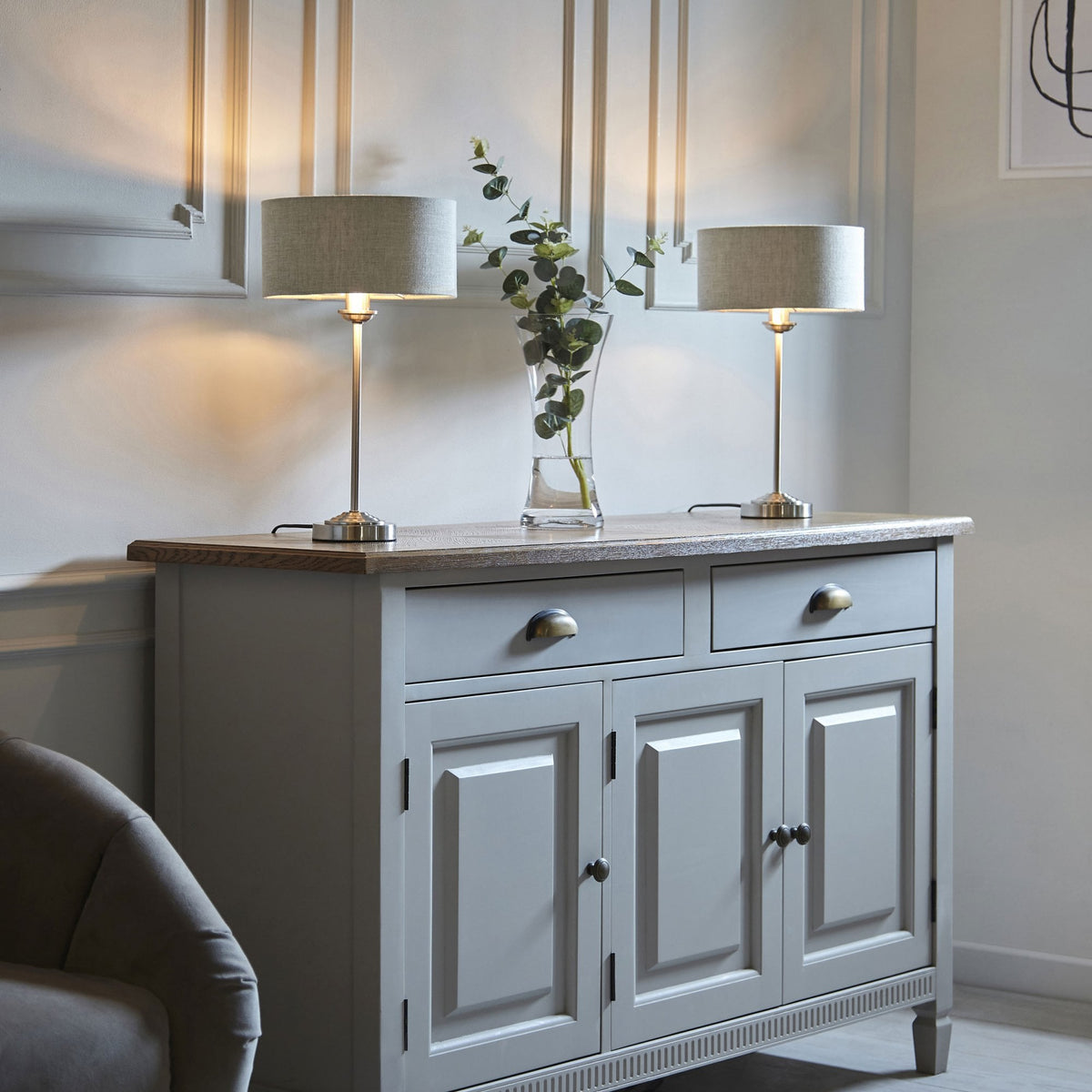 Highclere Single Table Lamp in Brushed Chrome with Natural Linen Shade