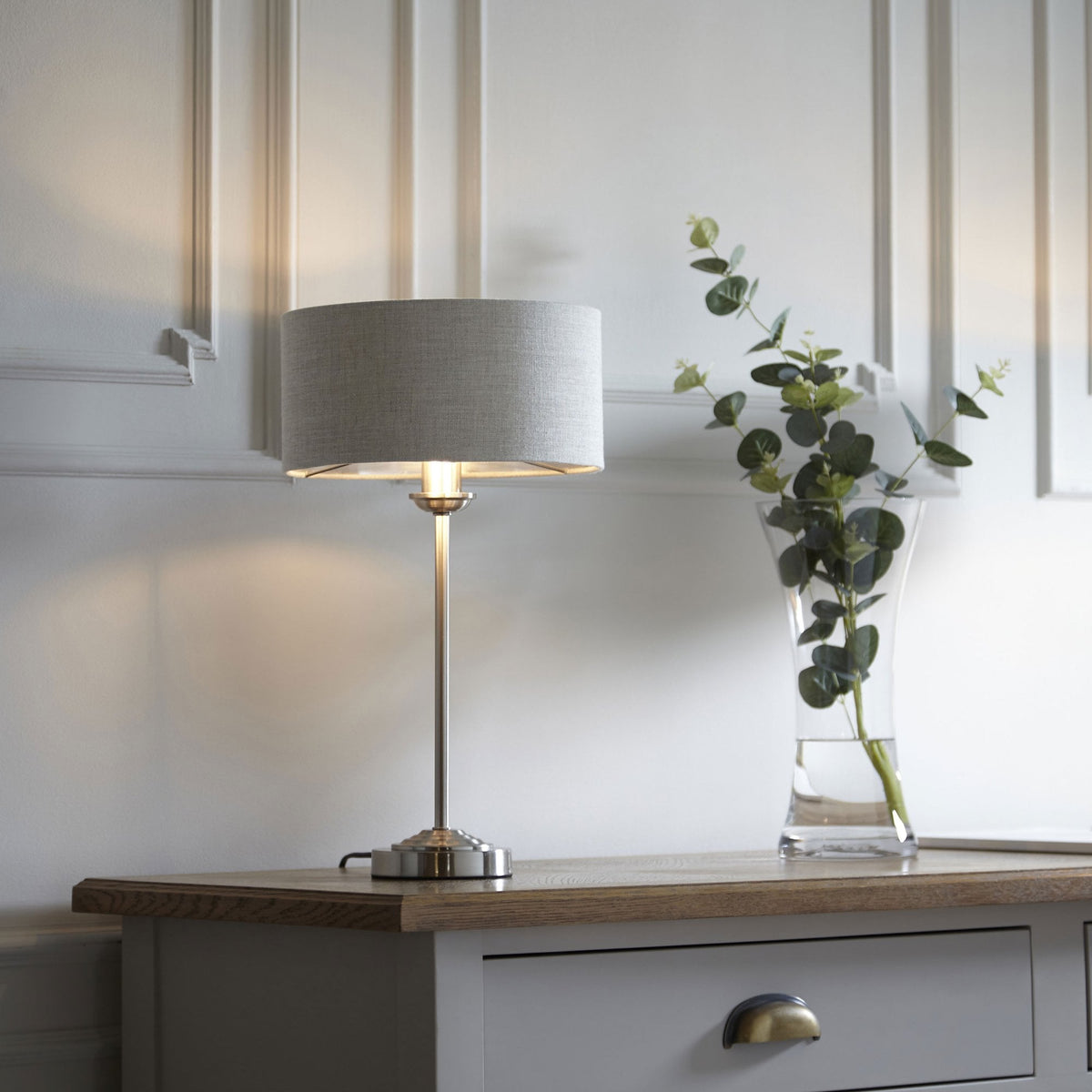 Highclere Single Table Lamp in Brushed Chrome with Natural Linen Shade