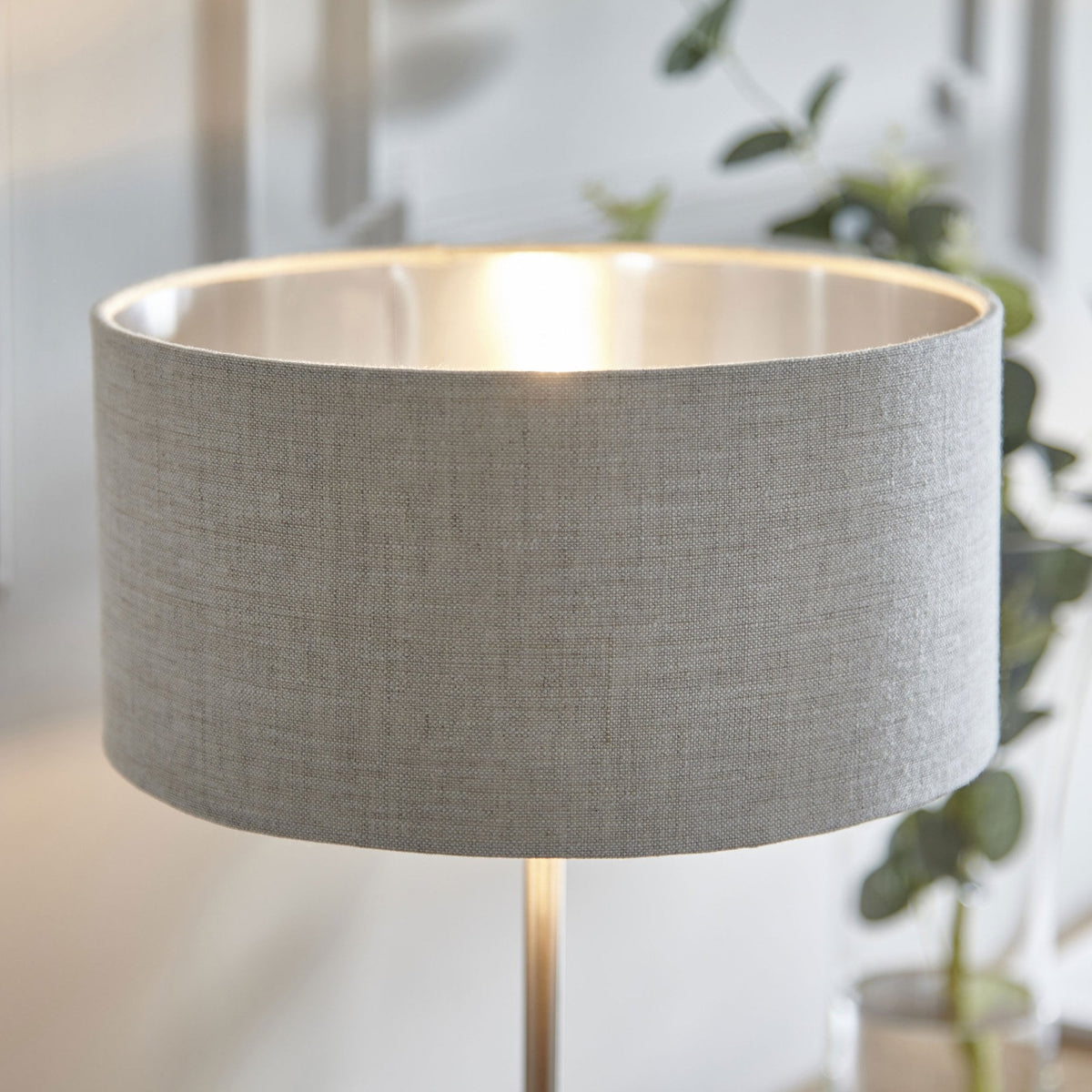 Highclere Single Table Lamp in Brushed Chrome with Natural Linen Shade
