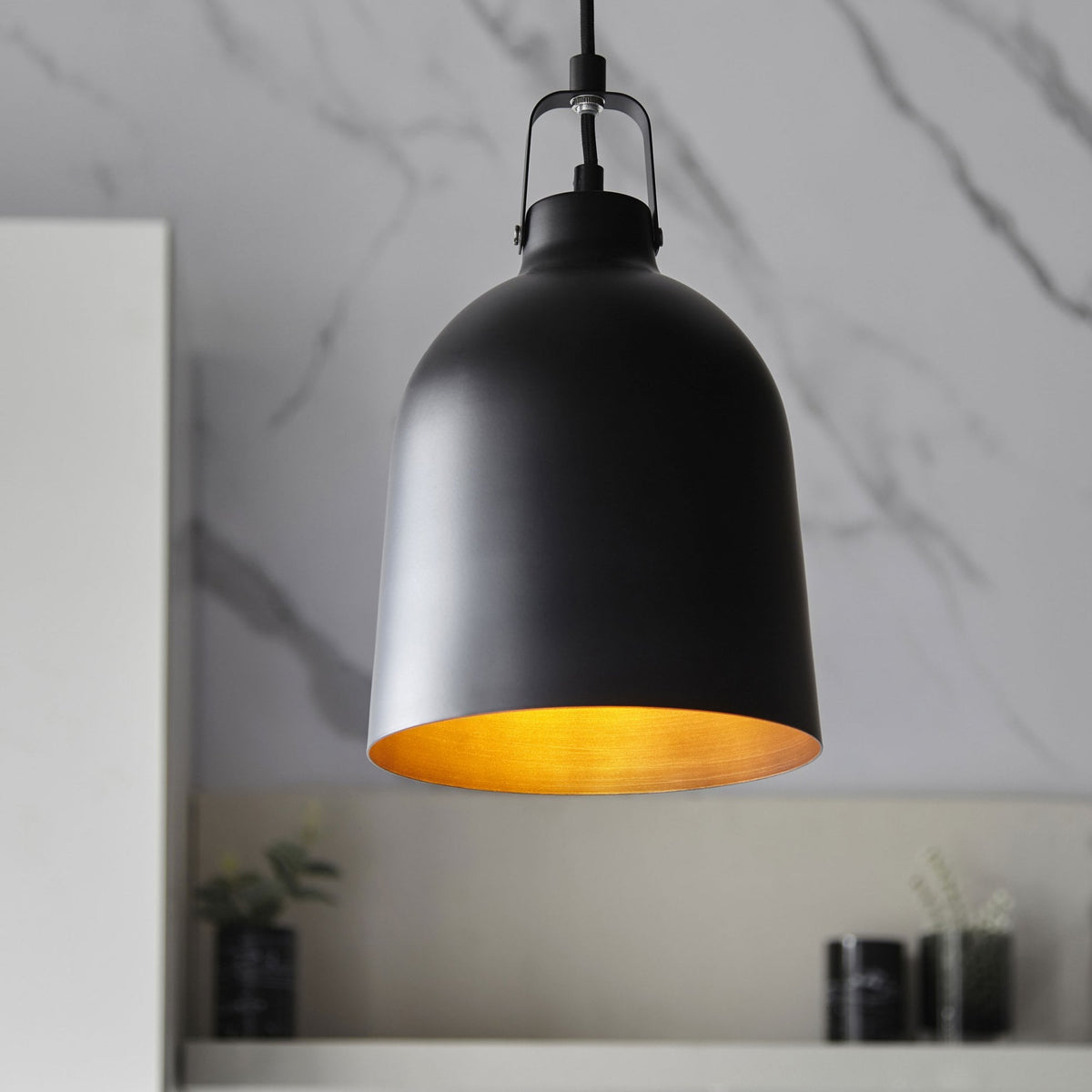 Lazenby Single Pendant in Matt Black with an Aged Pewter Inner Shade