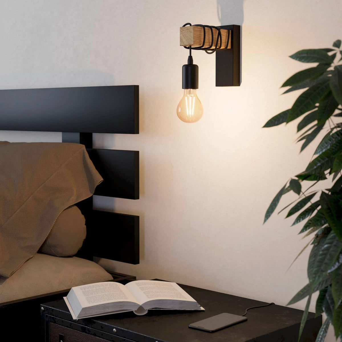 Townshend Single Wall Light in Black and Natural Oak