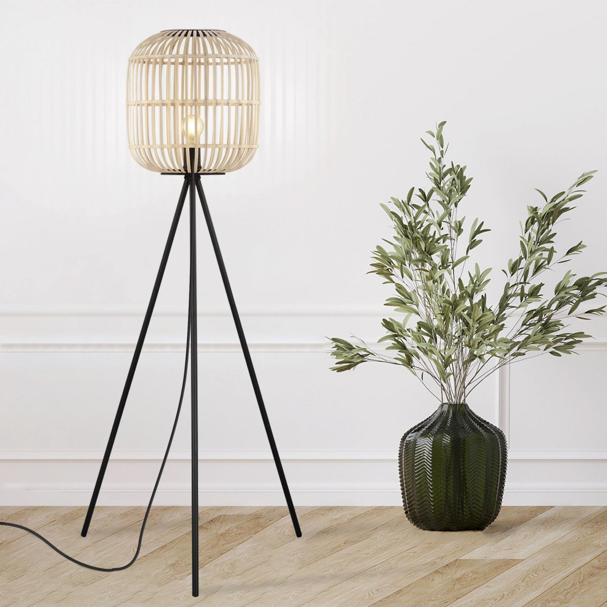 Bordesley Tripod Floor Lamp with Natural Bamboo Lampshade