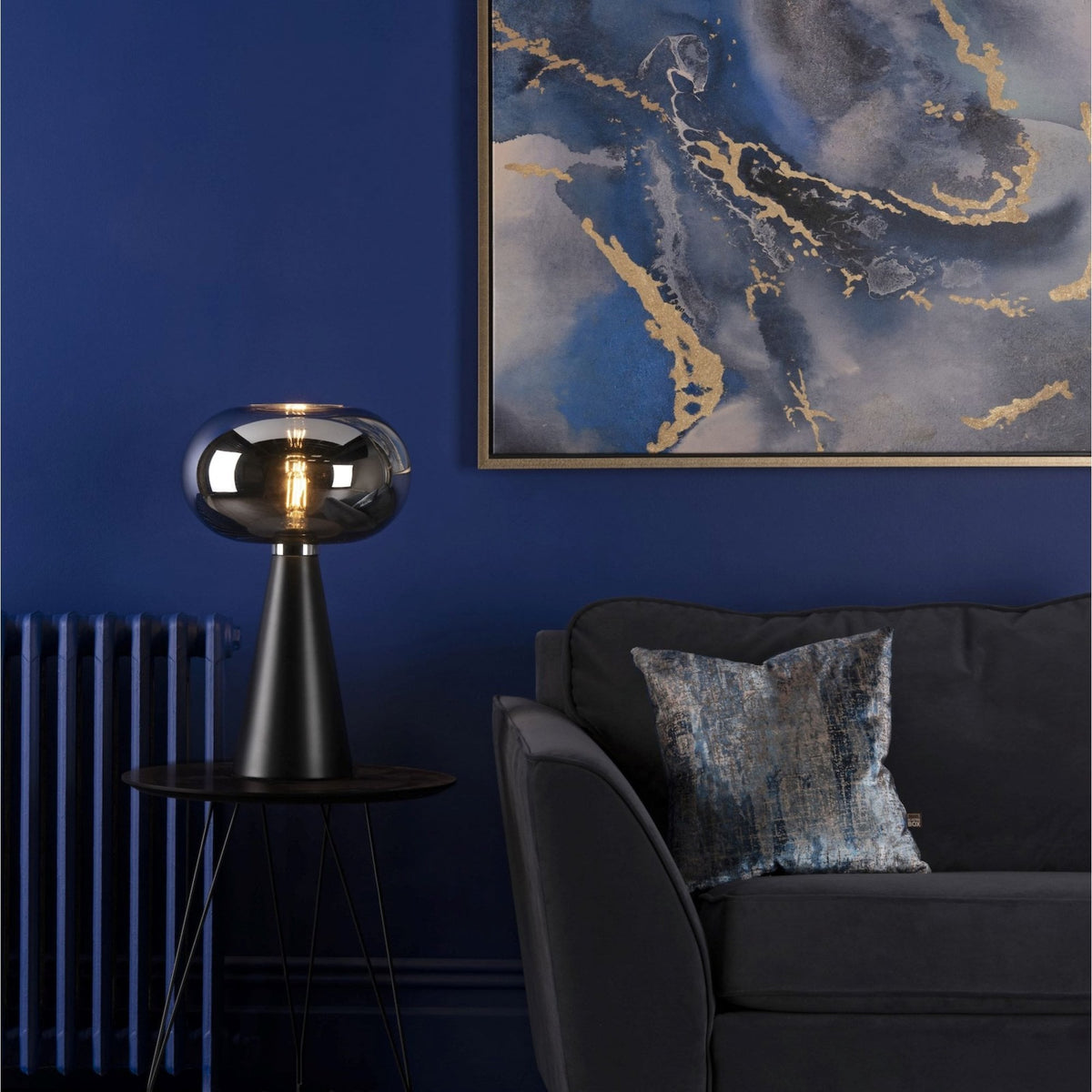 Jensen Table Lamp In Satin Black With With Smoked Glass Shade