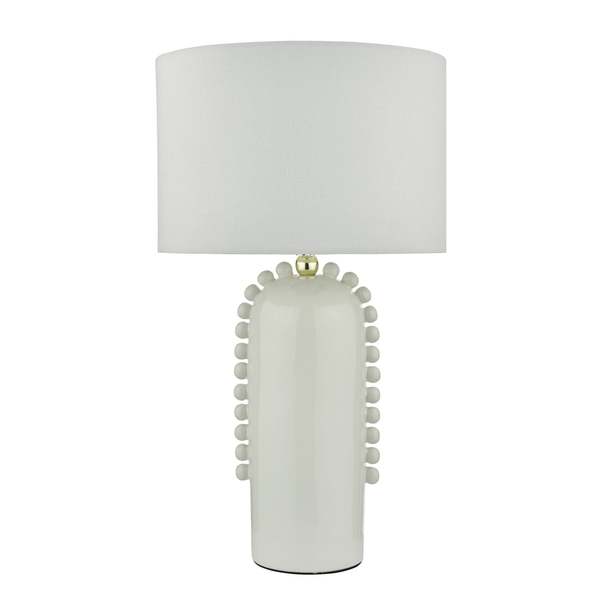 White table lamp with a textured base featuring vertical rows of raised circular details, topped with a plain white drum shade.