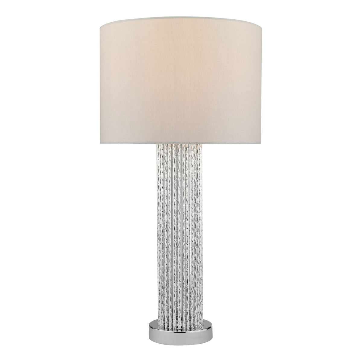 Modern table lamp with a textured silver base and a light-colored fabric shade.