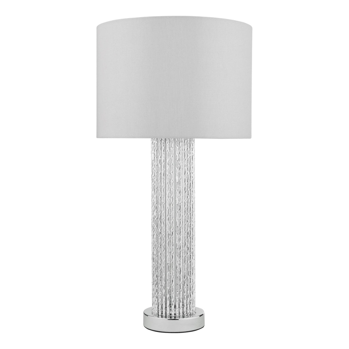 Modern table lamp with a textured glass column base and a simple white drum shade.