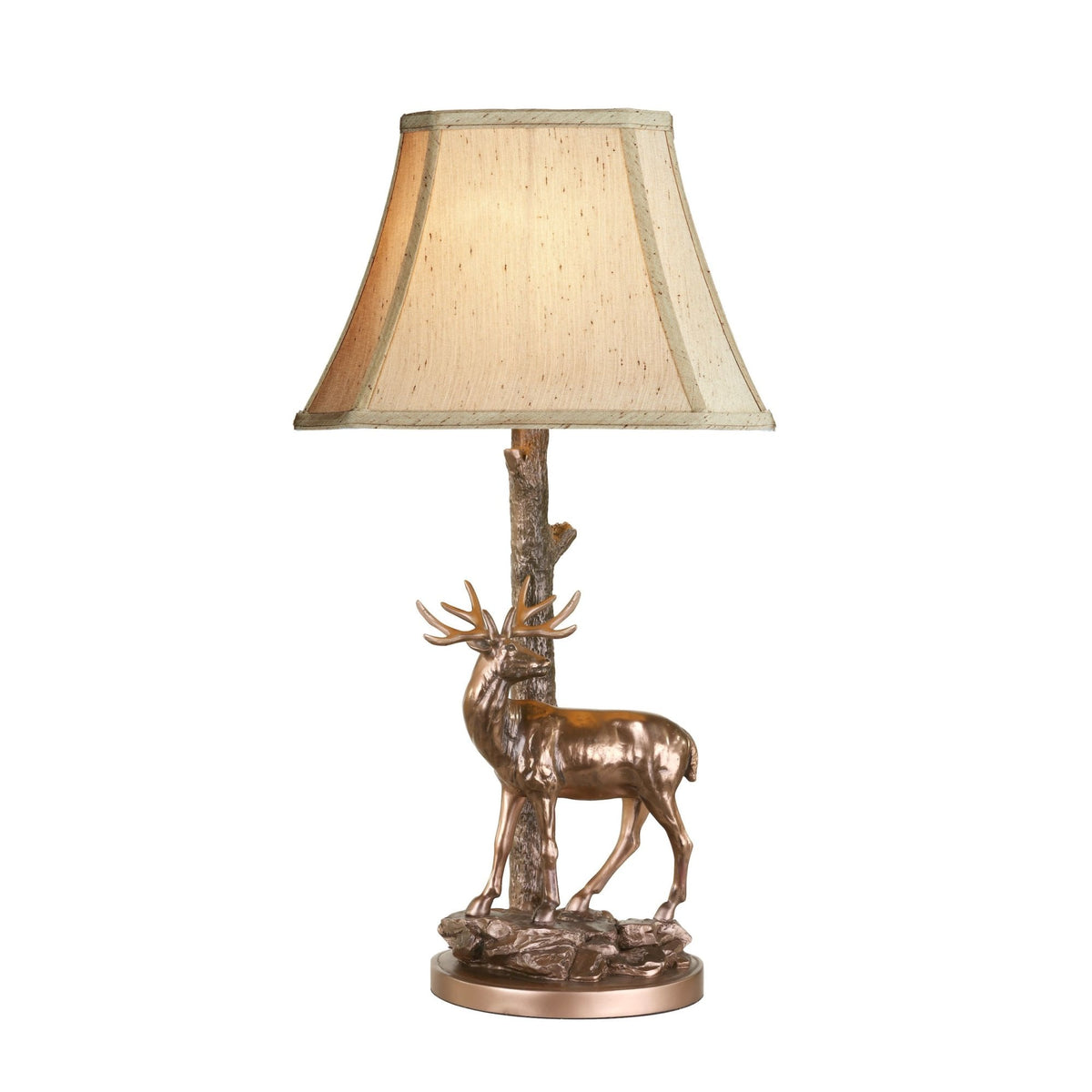 Gulliver Deer Table Lamp In Aged Brass With Faux Silk Shade
