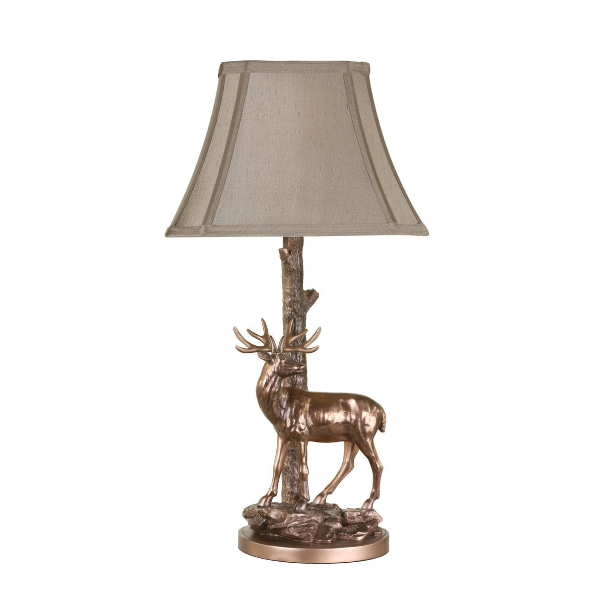 Gulliver Deer Table Lamp In Aged Brass With Faux Silk Shade