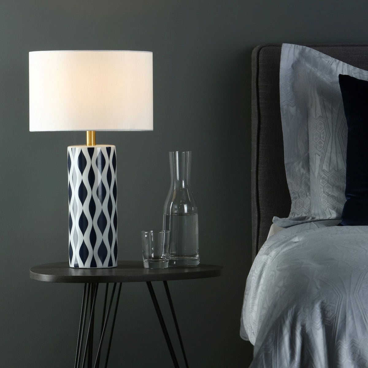 Weylin Ceramic Table Lamp In White & Blue With White Shade