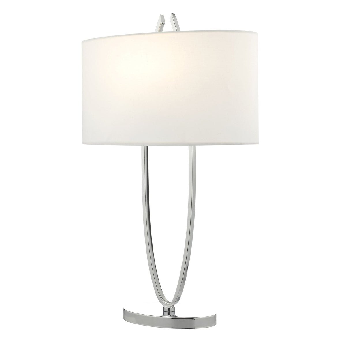 Modern table lamp with a white oval shade and a polished chrome U-shaped base.