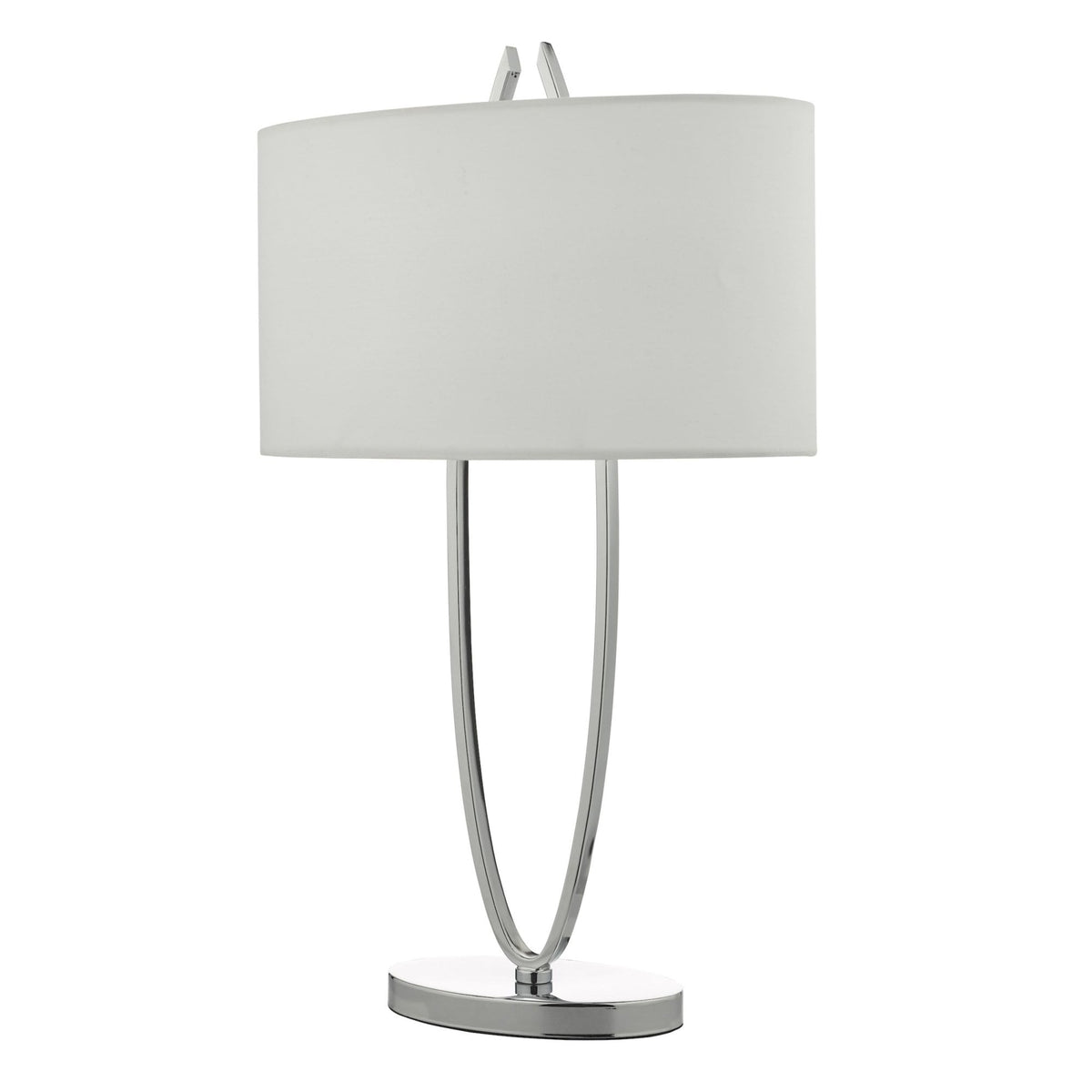 Modern table lamp with a white rectangular shade and a polished chrome U-shaped base.