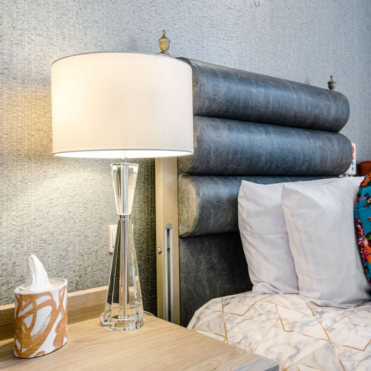 Risha Table Lamp In Polished Nickel & Crystal With Ivory Shade