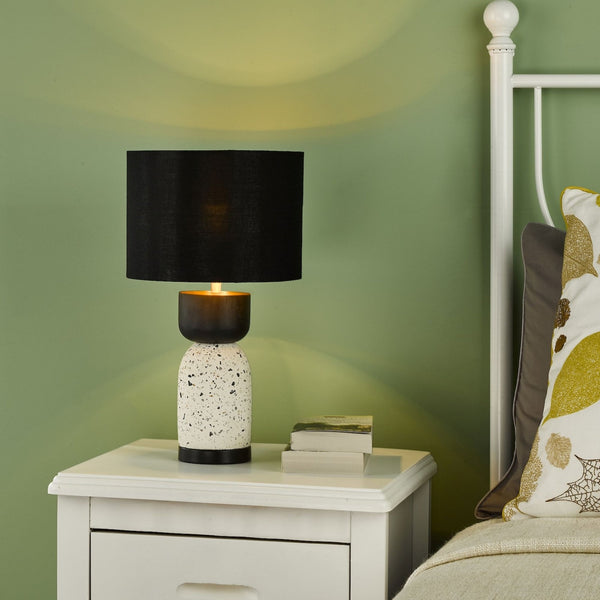 Roja Terrazzo Table Lamp In White & Black With Black Cotton Shade