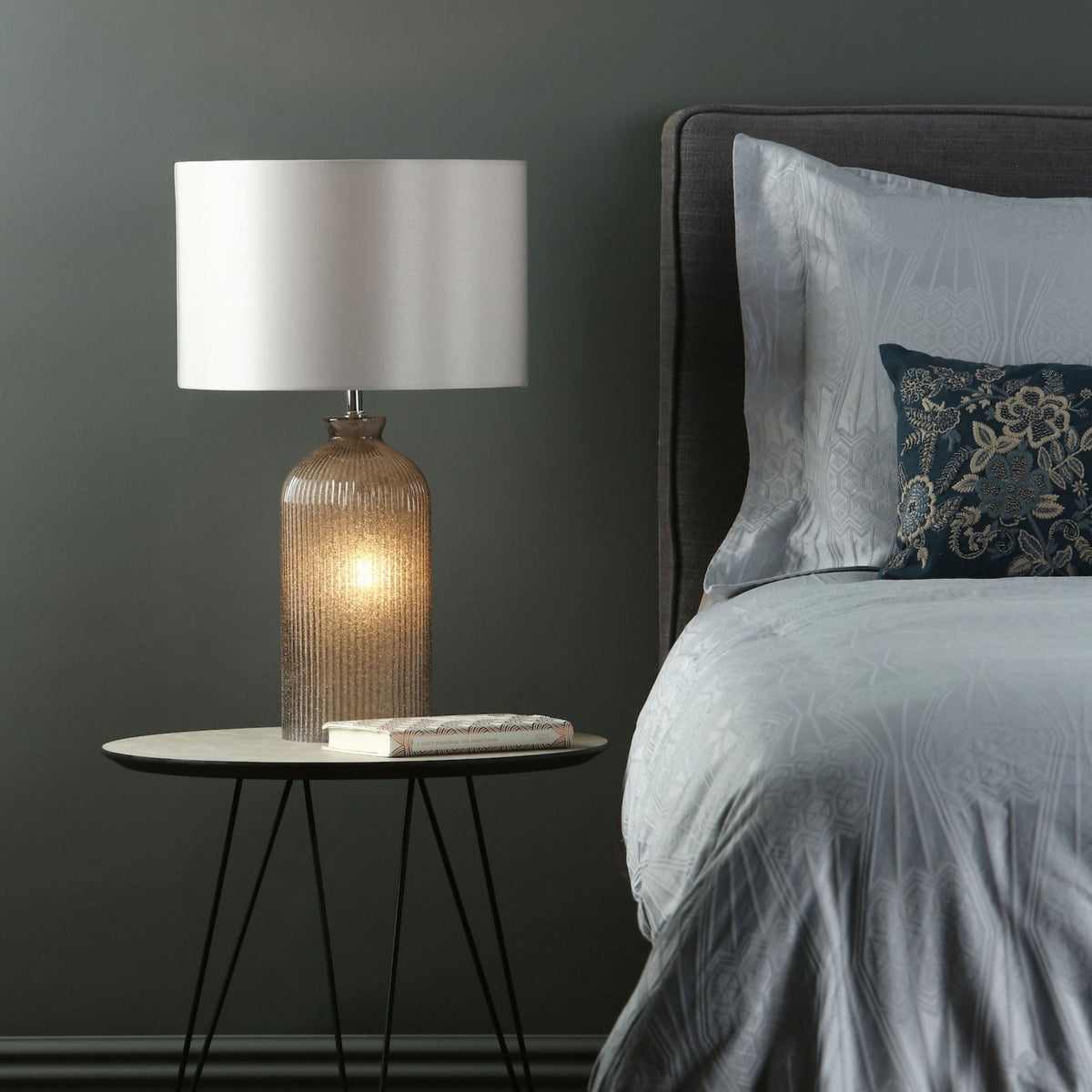 Pamplona Dual Source Glass Table Lamp In Grey With Grey Faux Silk Shade