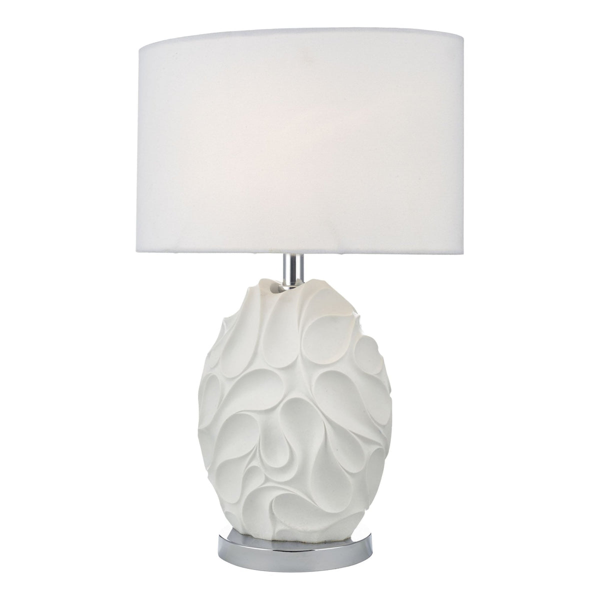 White table lamp with a textured, tear-drop pattern base and a simple white drum shade.