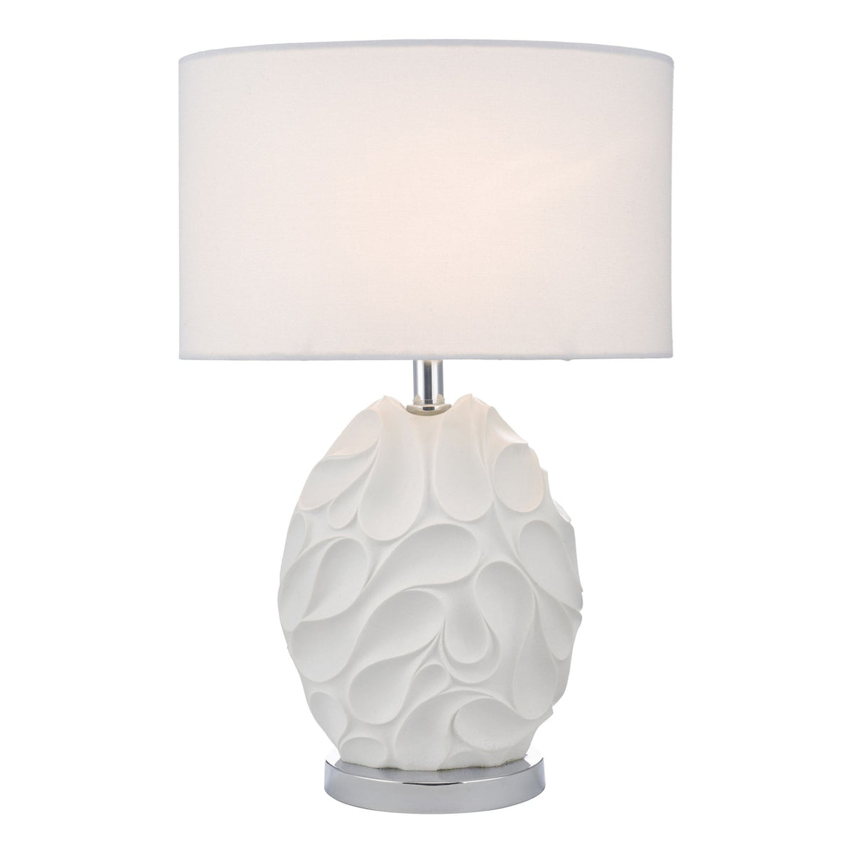 White table lamp with a textured, tear-drop pattern base and a simple white drum shade.
