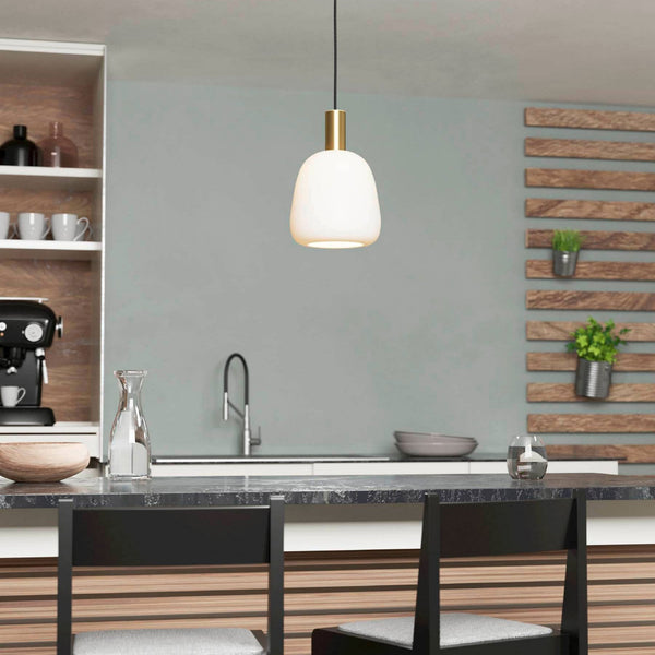 Manzanares Single Pendant in Brushed Brass with an Opal Matt White Glass Shade