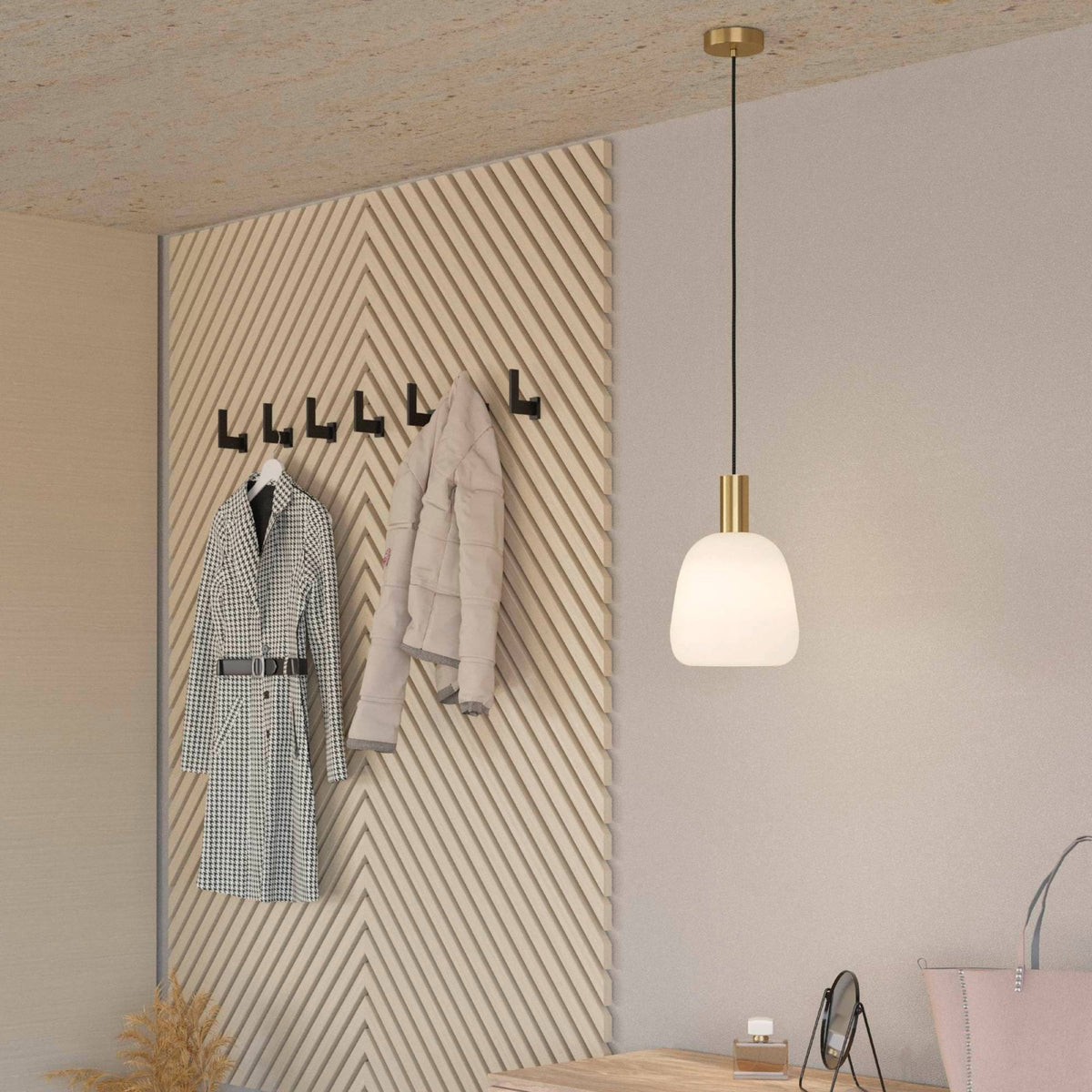 Manzanares Single Pendant in Brushed Brass with an Opal Matt White Glass Shade