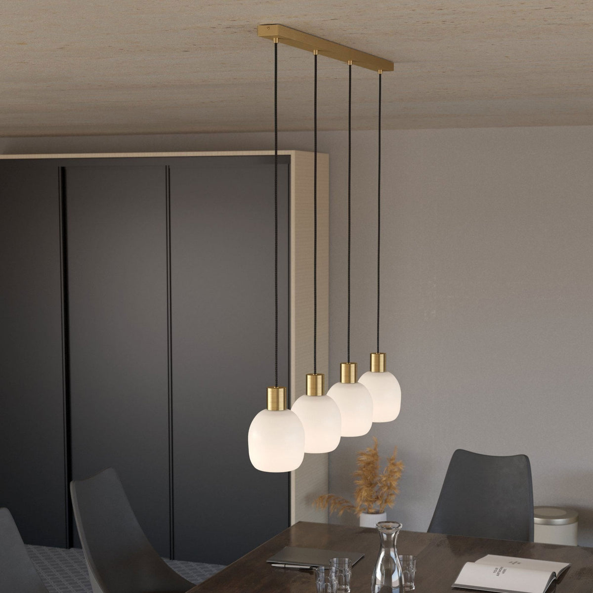 Manzanares Linear Pendant in Brushed Brass with Opal Matt White Glass Shades