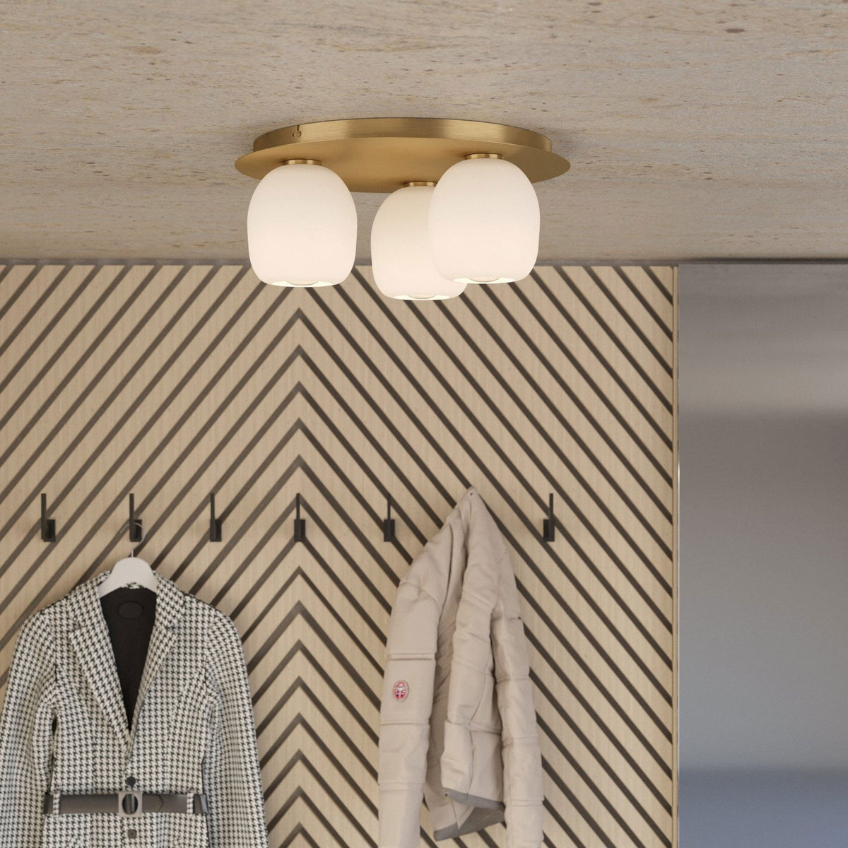 Manzanares Ceiling Light in Brushed Brass with Opal Matt White Glass Shades