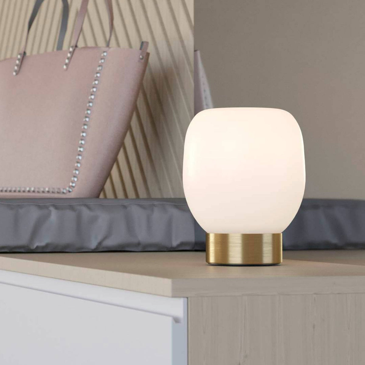 Manzanares Table Lamp in Brushed Brass with an Opal Matt White Glass Shade