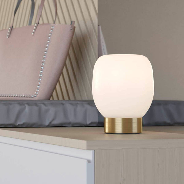 Manzanares Table Lamp in Brushed Brass with an Opal Matt White Glass Shade