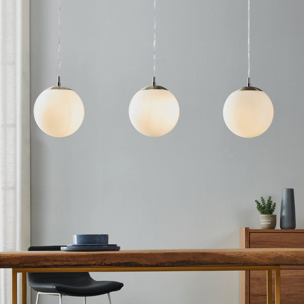 Rondo Triple Drop Linear Pendant in Satin Nickel & Matt Opal Glass Shades