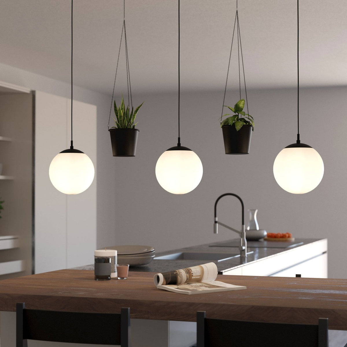 Rondo 3 Triple Drop Linear Pendant in Black & Matt Opal Glass Shades