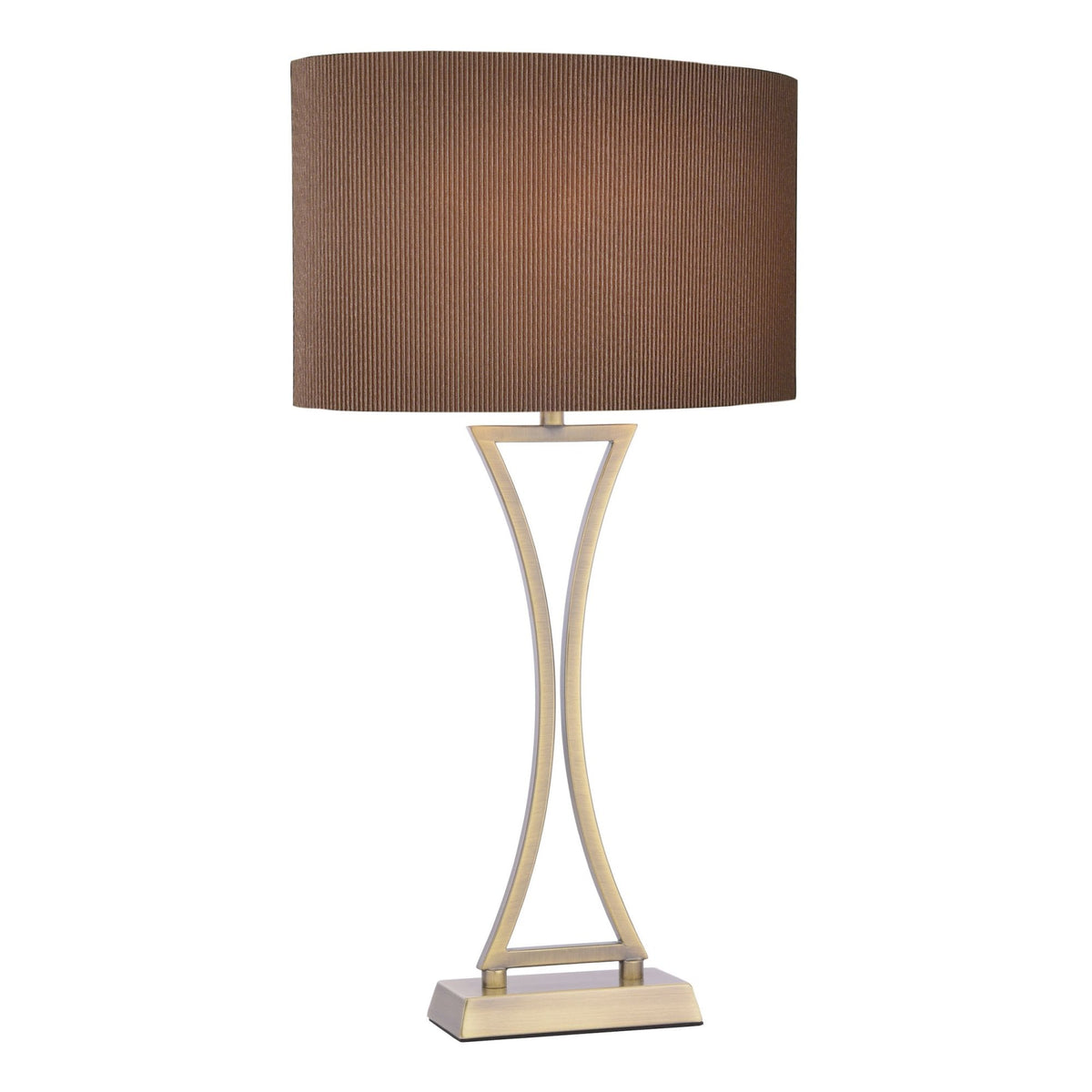 Table lamp with a brown, ribbed shade and a gold-colored, hourglass-shaped base.
