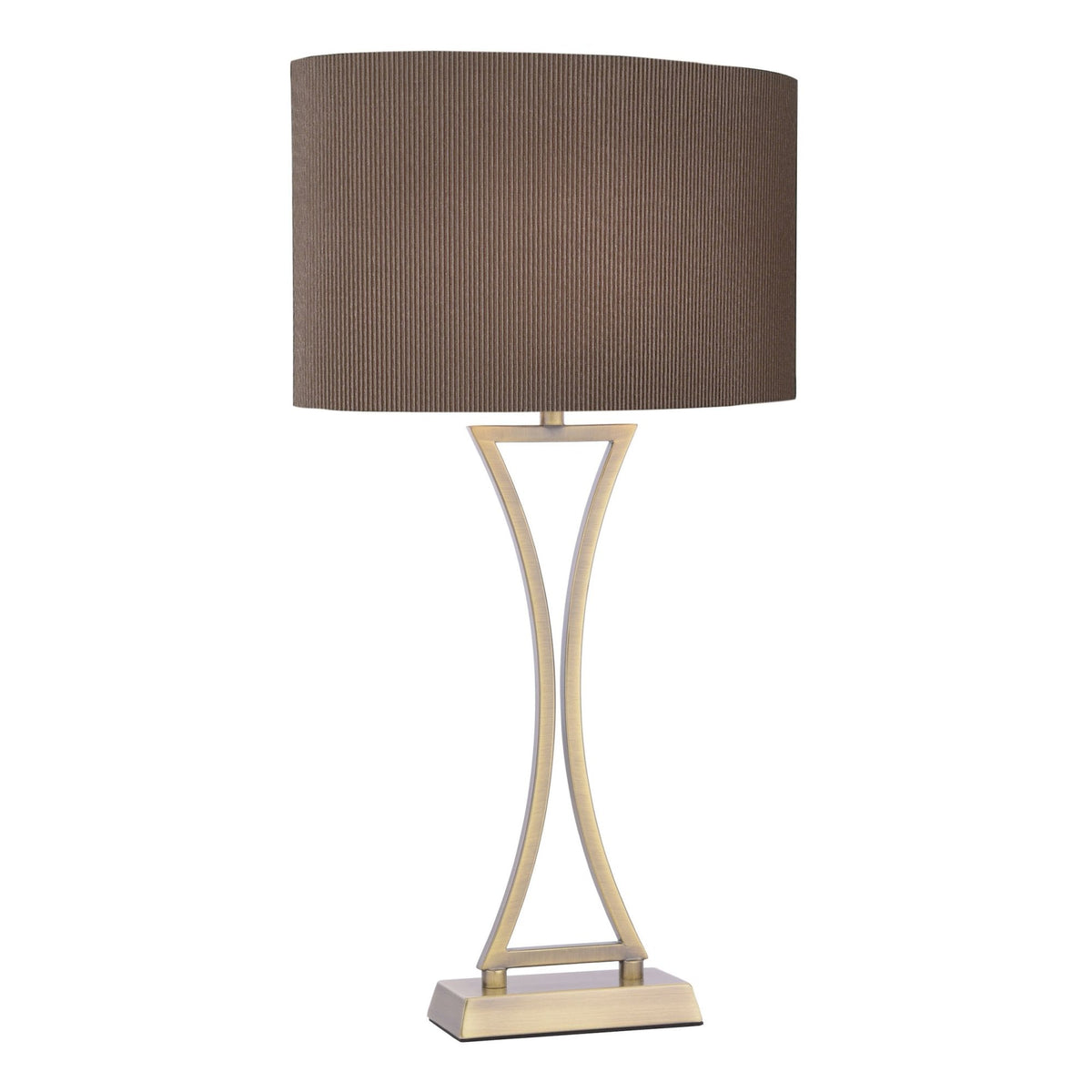 Bronze table lamp with a rectangular base and a brown, ribbed lampshade.