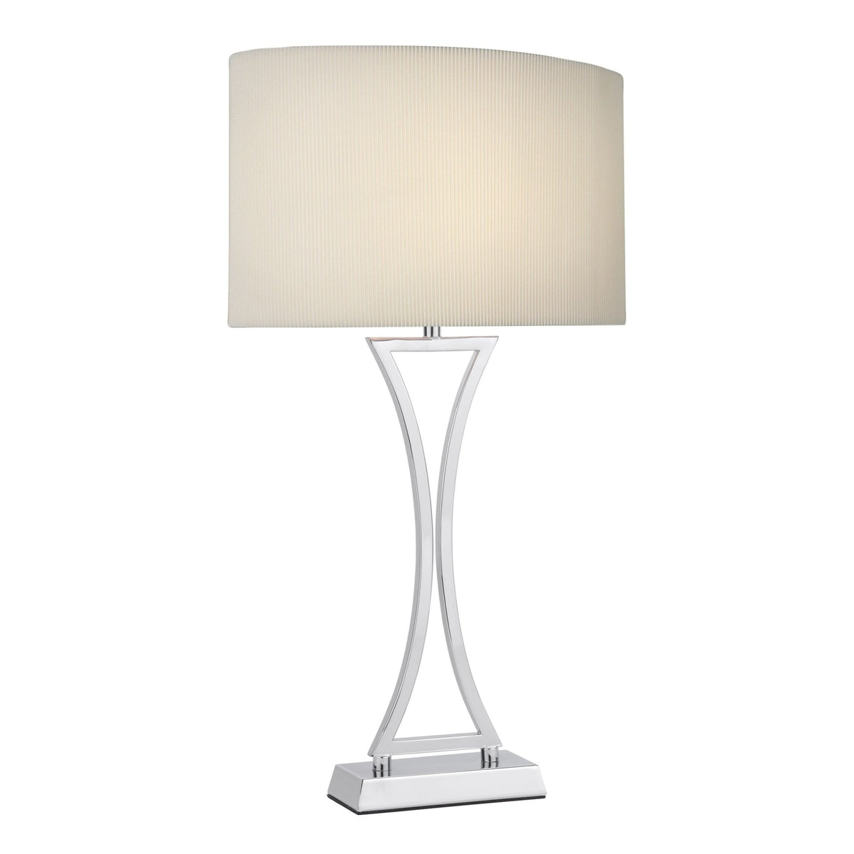 Modern table lamp with a rectangular pleated shade and a polished chrome hourglass-shaped base.