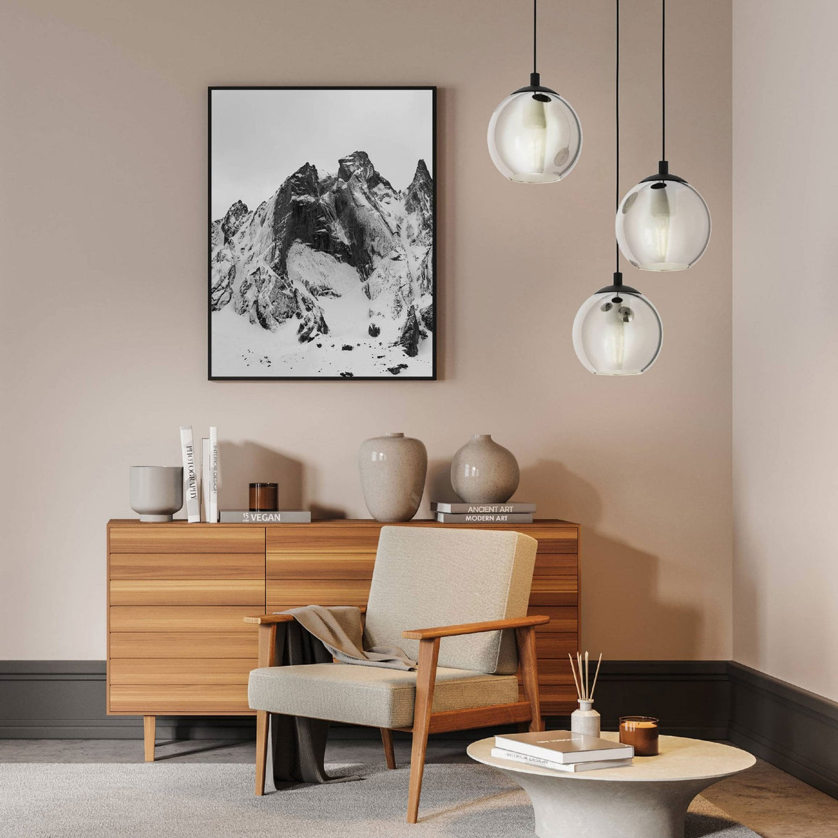 Ariscani Triple Pendant with Transparent Black Vaporized Glass
