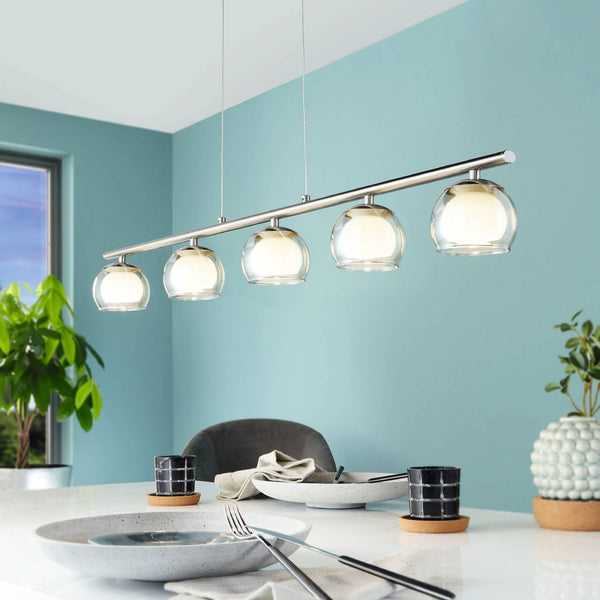 Ascolese Five Light Satin Nickel Linear Pendant with Amber Glass