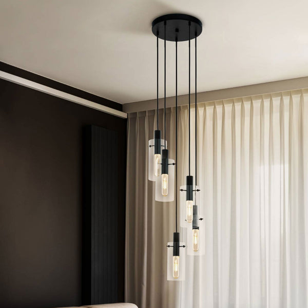 Montefino Five Drop Cluster Pendant in Black with Clear Glass