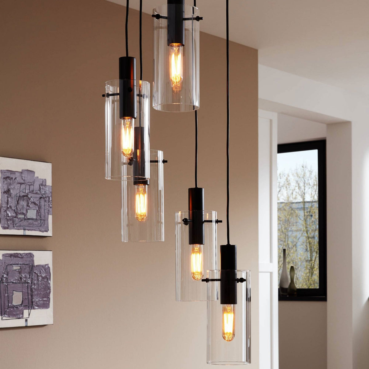 Montefino Five Drop Cluster Pendant in Black with Clear Glass