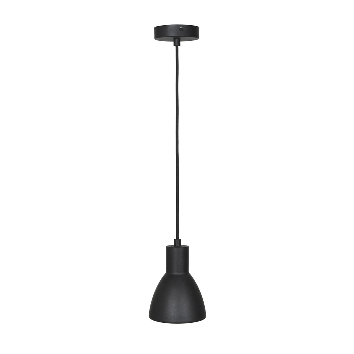 Black pendant light with a bell-shaped shade and a round ceiling mount.