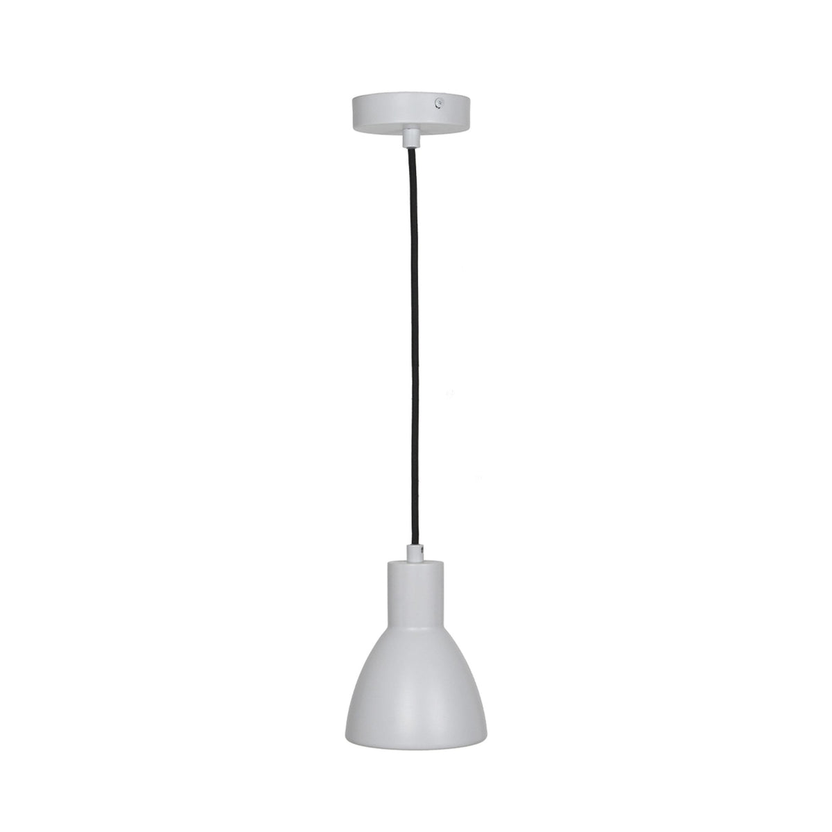 White pendant light with a black cord and a bell-shaped shade.