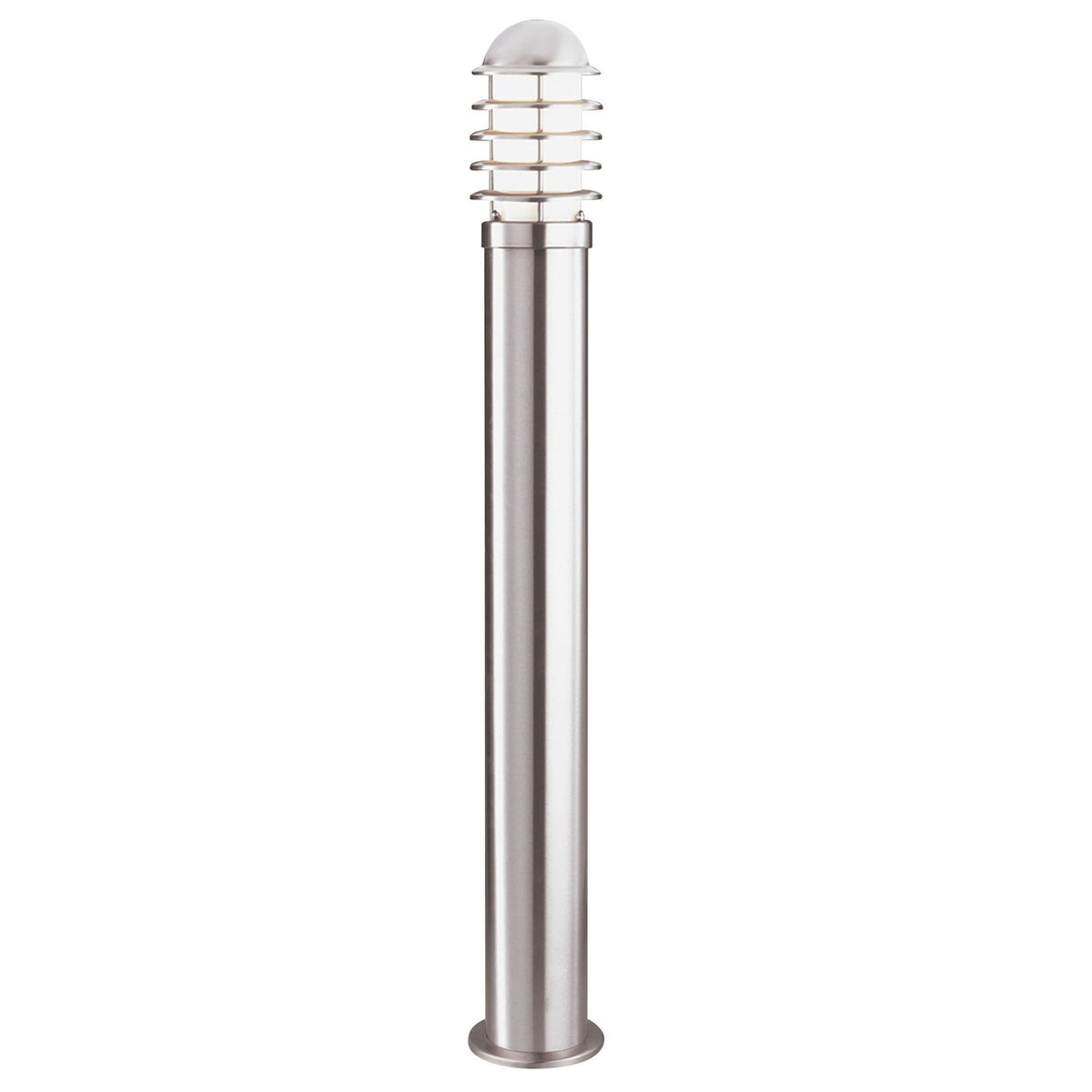 A modern brushed steel garden bollard light with a ribbed glass top.