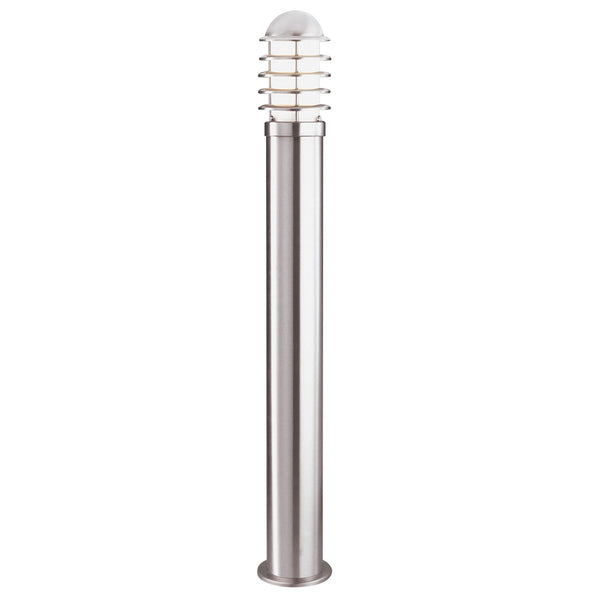 A modern brushed steel garden bollard light with a ribbed glass top.
