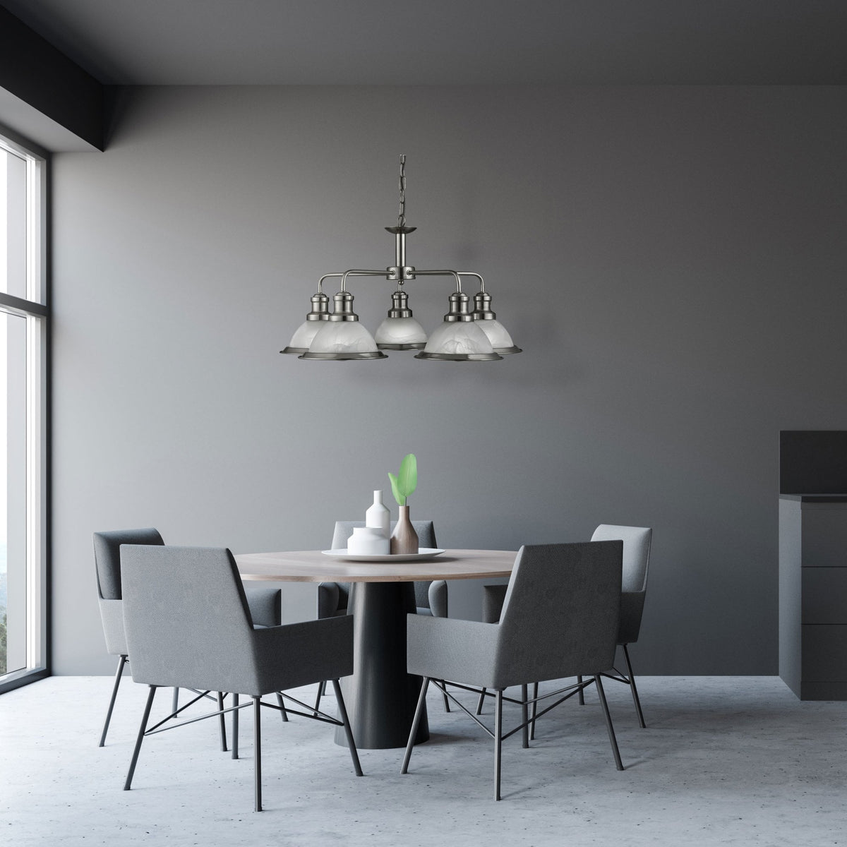 A 4-light brushed nickel chandelier with frosted glass shades hangs above a modern dining table.