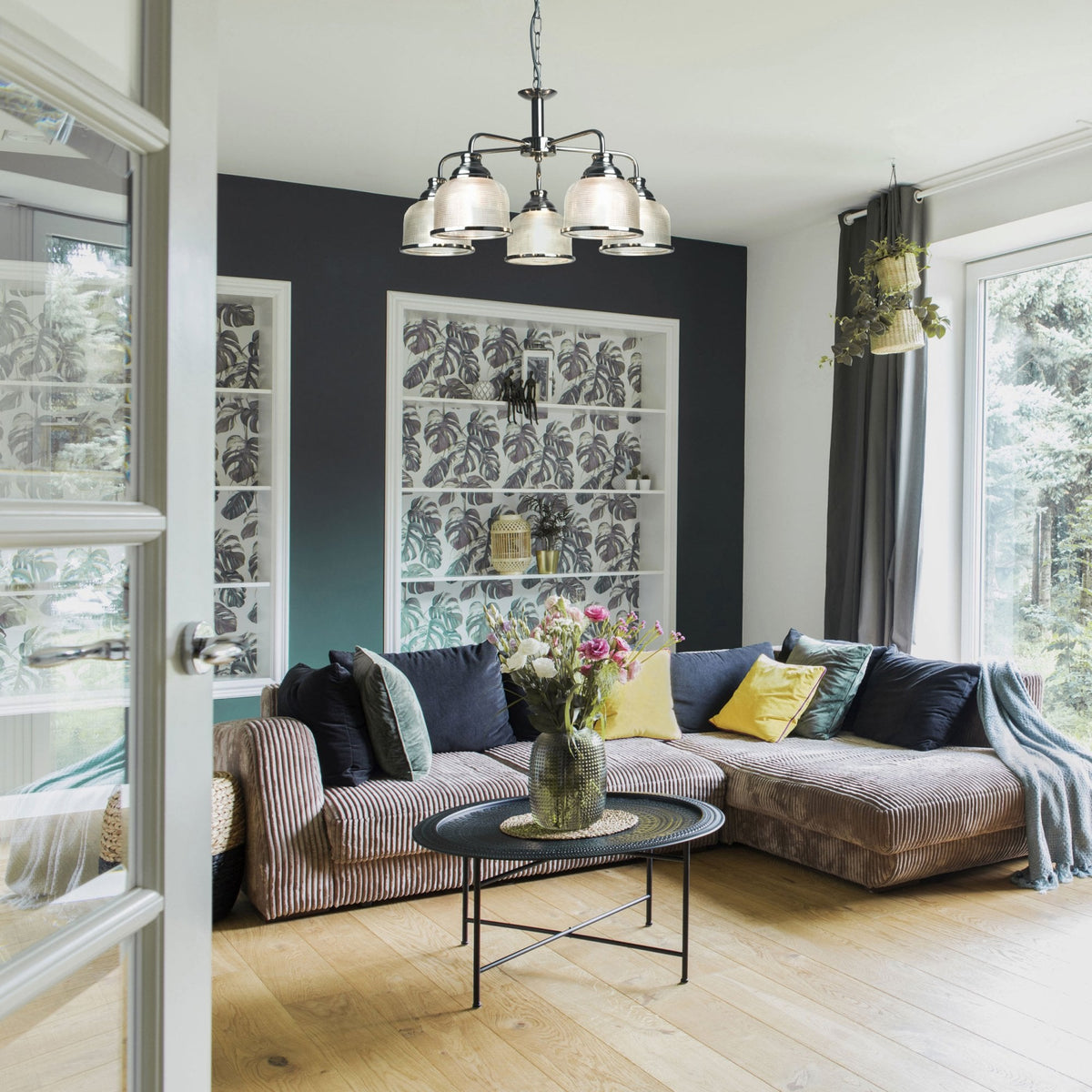 Bistro II 5 Light Pendant In Satin Silver With Holophane Glass Shades