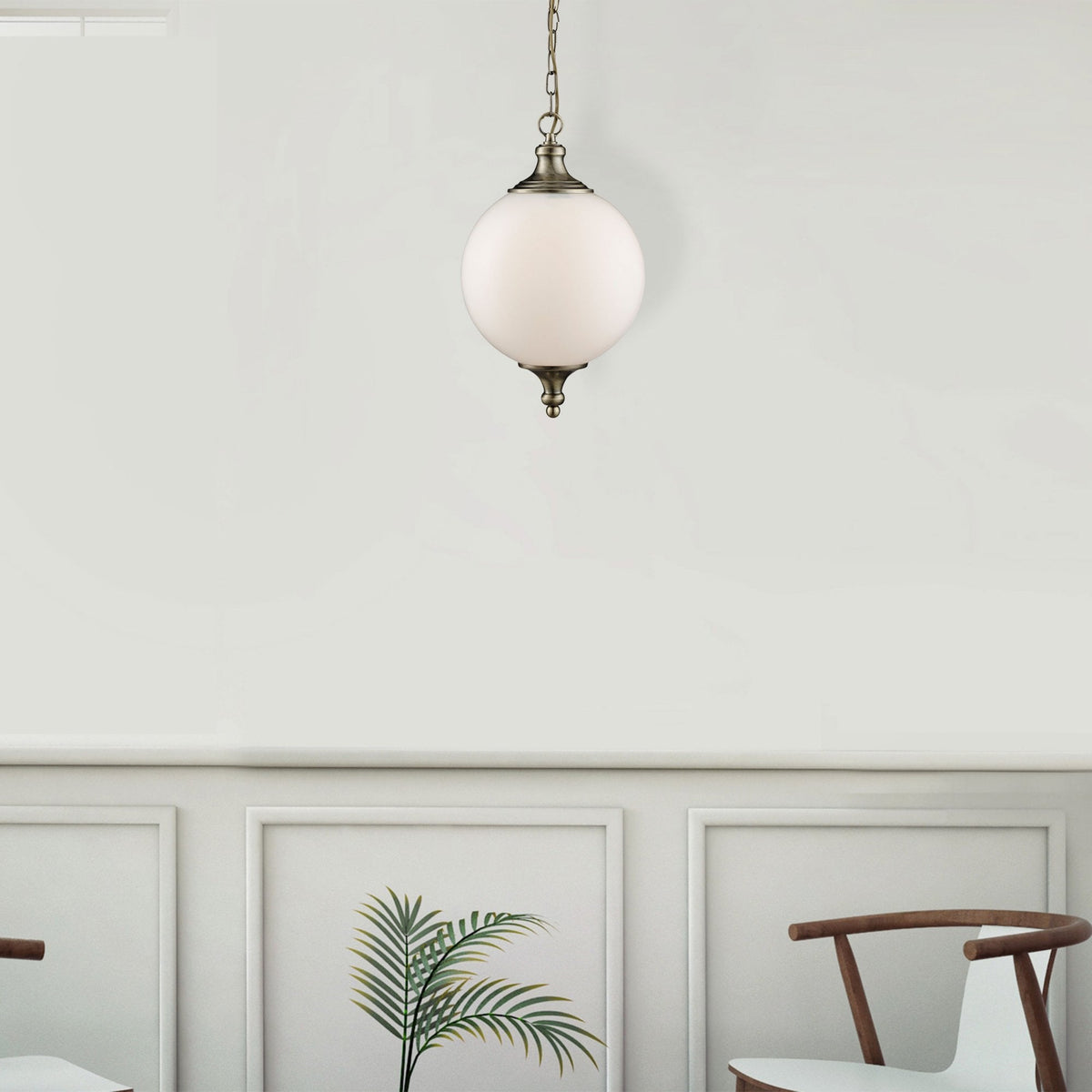 Atom Antique Brass Pendant With Opal Glass Sphere