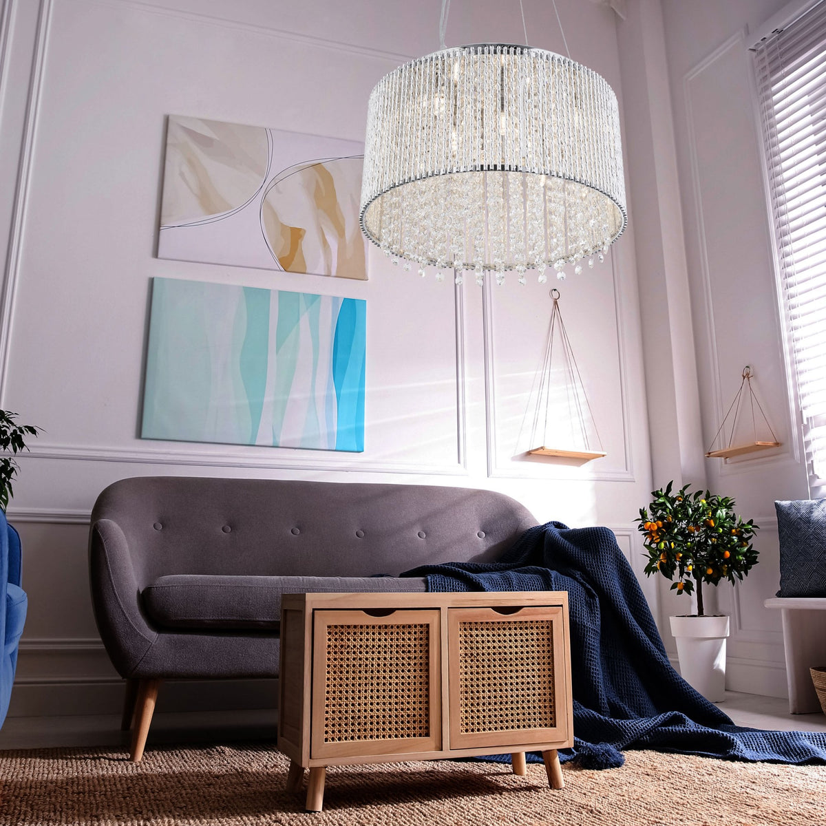 Beatrix 8 Chrome Light Drum Pendant With Crystal Buttons