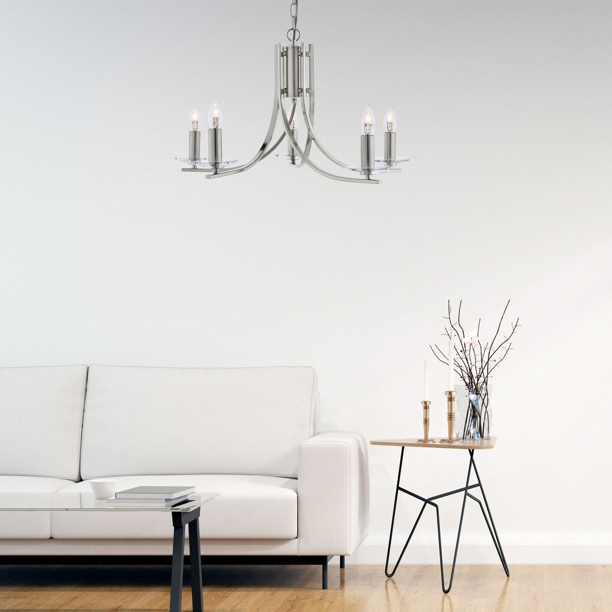 Ascona Five Light In Satin Silver Pendant With Clear Glass Sconces