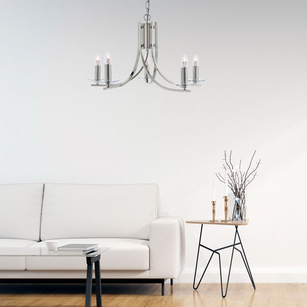 Ascona Five Light In Satin Silver Pendant With Clear Glass Sconces