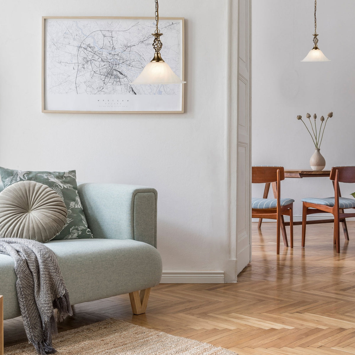 Cameroon Antique Brass Pendant With Marble Glass Shade