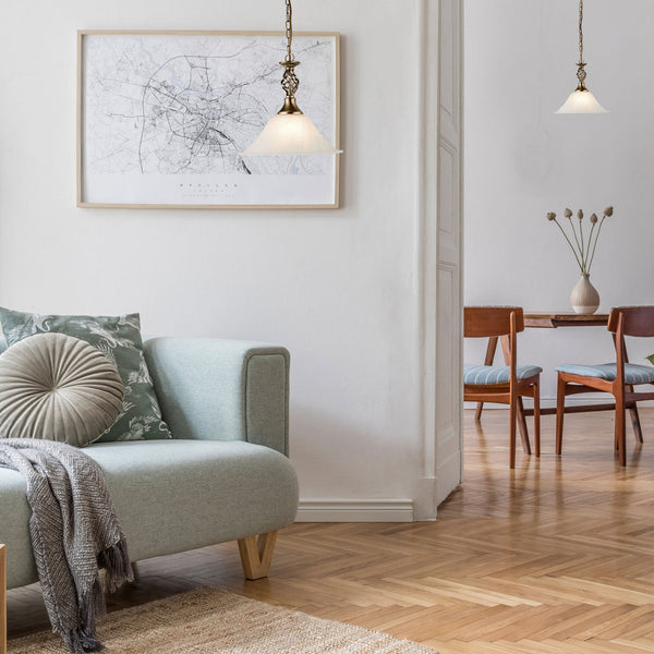 Cameroon Antique Brass Pendant With Marble Glass Shade